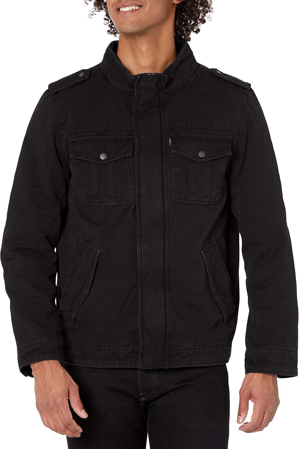 imageLevis Mens Washed Cotton Hooded Military Jacket Regular amp Big amp Tall SizesBlackQuilted Lining