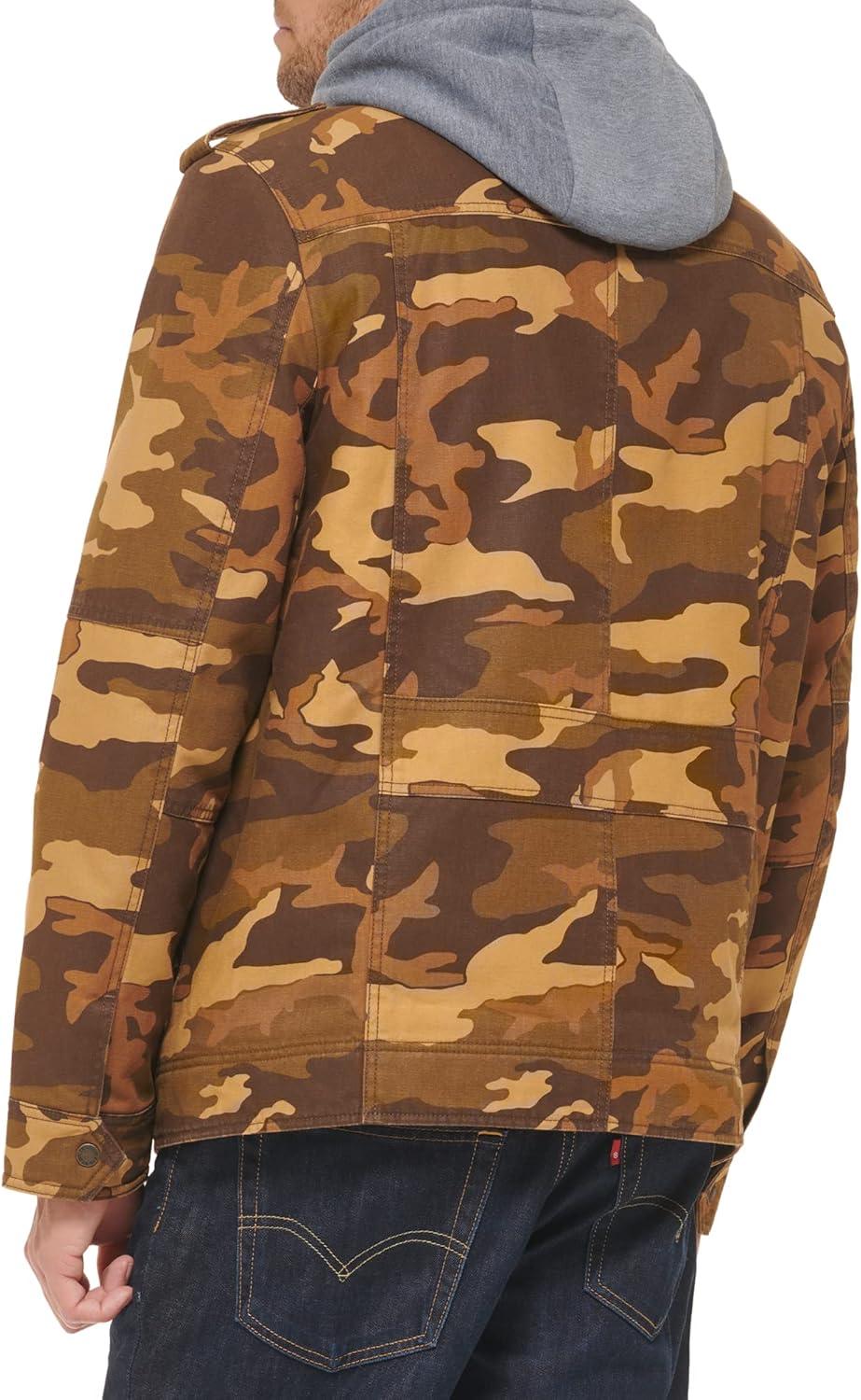 imageLevis Mens Washed Cotton Hooded Military Jacket Regular amp Big amp Tall SizesBrown CamoSherpa Lined
