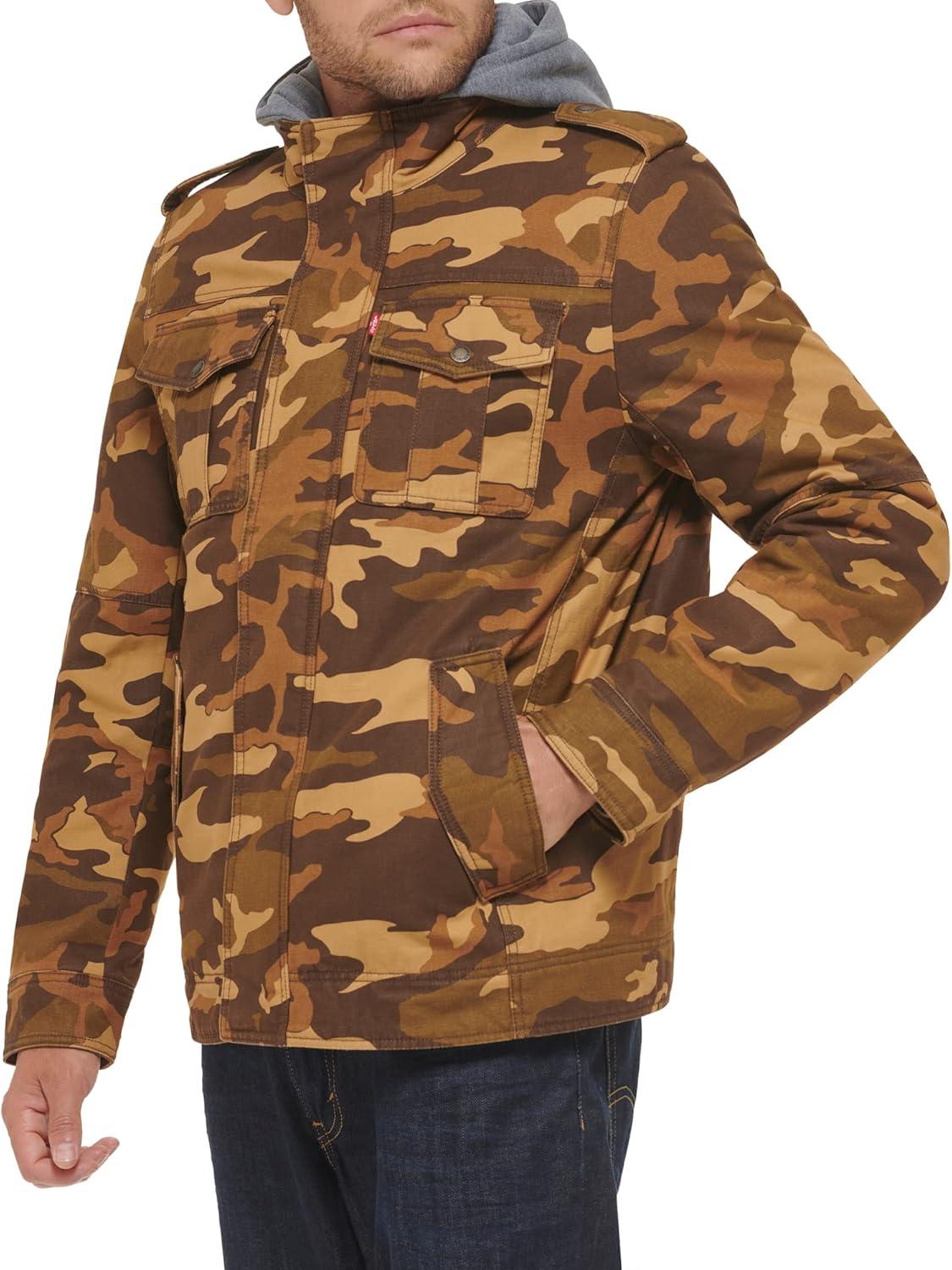 imageLevis Mens Washed Cotton Hooded Military Jacket Regular amp Big amp Tall SizesBrown CamoSherpa Lined