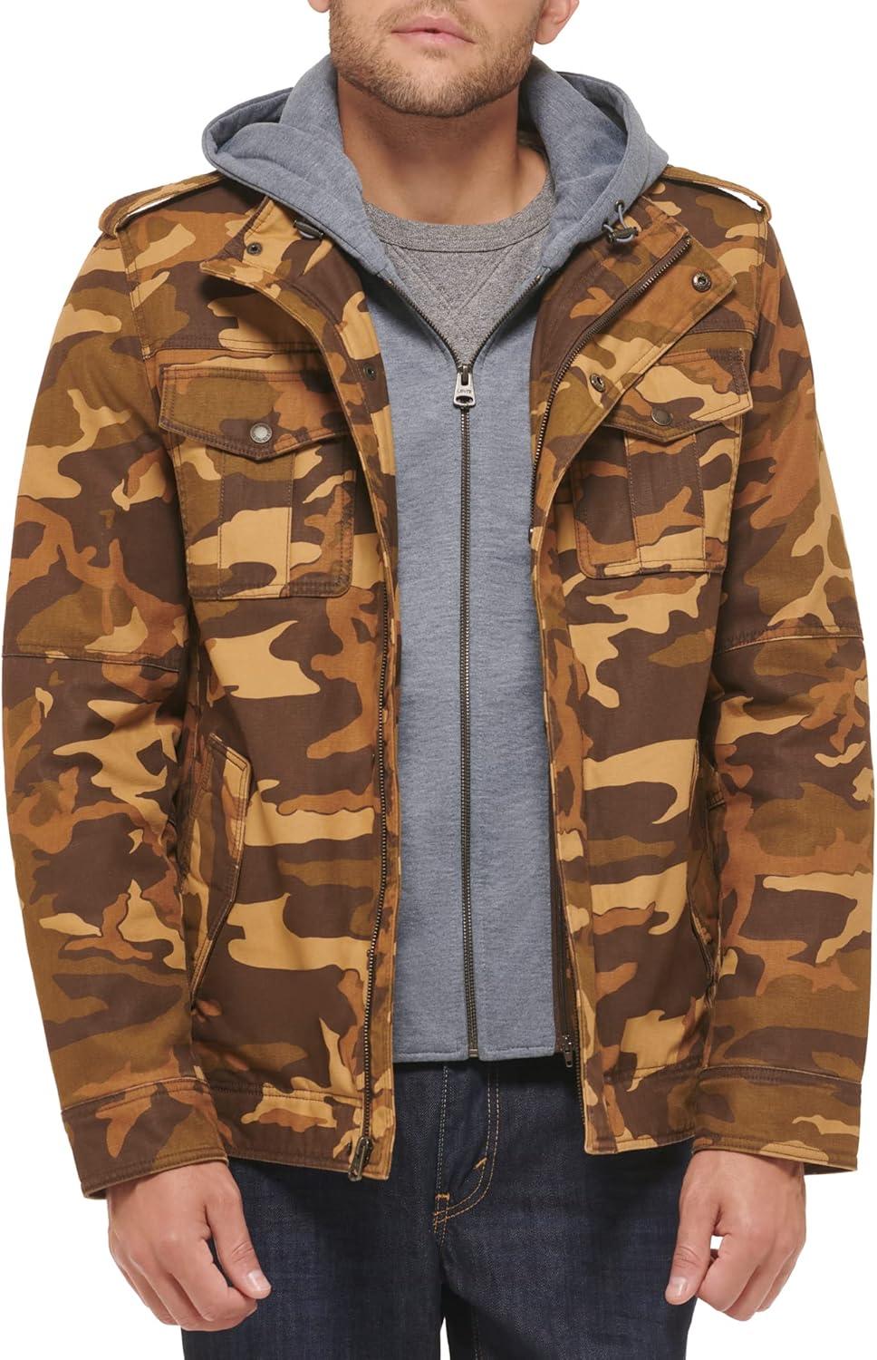 imageLevis Mens Washed Cotton Hooded Military Jacket Regular amp Big amp Tall SizesBrown CamoSherpa Lined