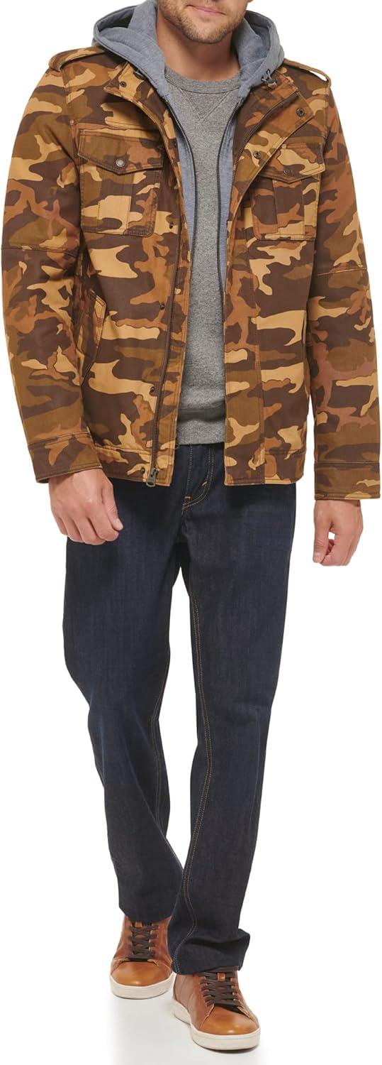imageLevis Mens Washed Cotton Hooded Military Jacket Regular amp Big amp Tall SizesBrown CamoSherpa Lined
