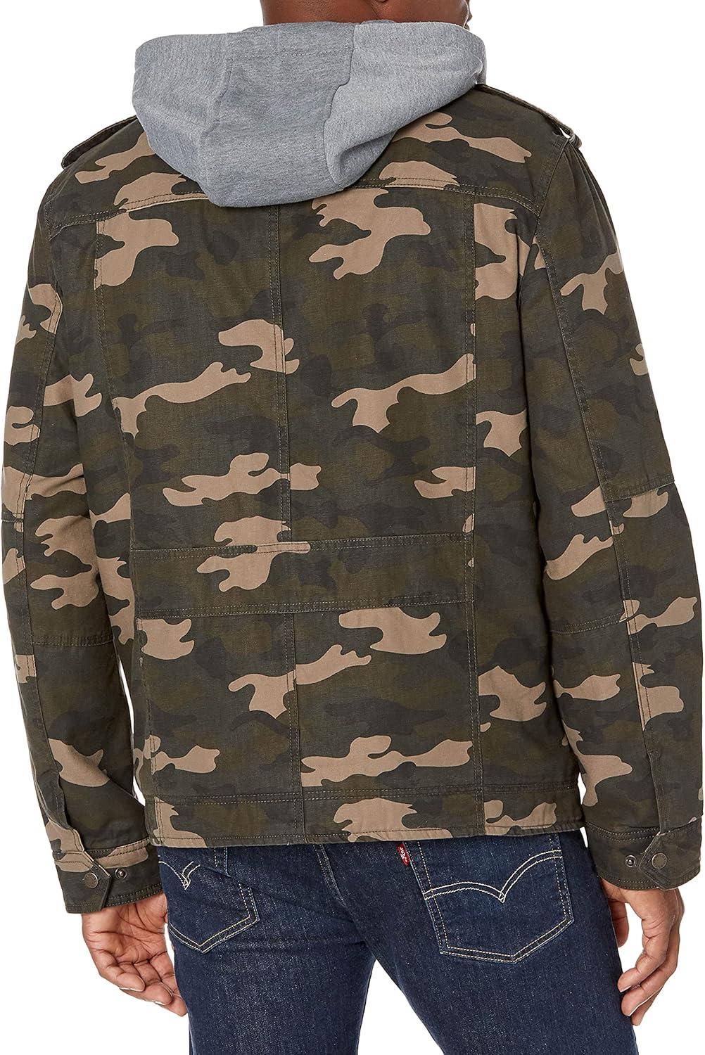 imageLevis Mens Washed Cotton Hooded Military Jacket Regular amp Big amp Tall SizesCamoQuilted Lining
