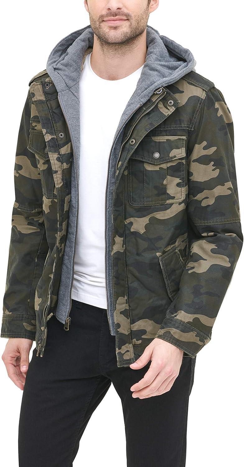 imageLevis Mens Washed Cotton Hooded Military Jacket Regular amp Big amp Tall SizesCamoQuilted Lining