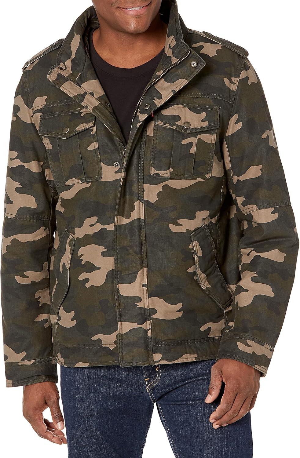 imageLevis Mens Washed Cotton Hooded Military Jacket Regular amp Big amp Tall SizesCamoQuilted Lining