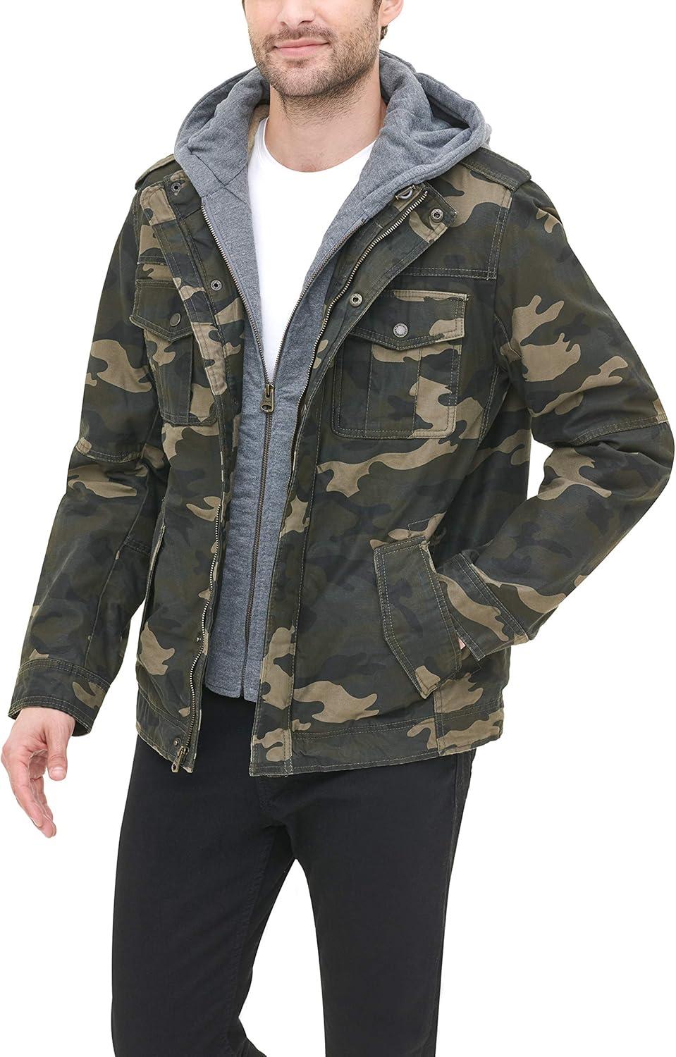 imageLevis Mens Washed Cotton Hooded Military Jacket Regular amp Big amp Tall SizesCamoQuilted Lining