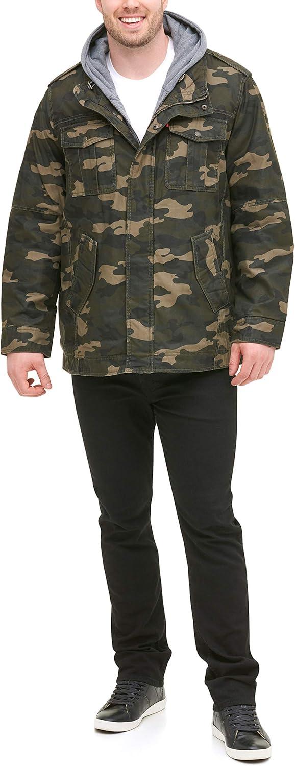 imageLevis Mens Washed Cotton Hooded Military Jacket Regular amp Big amp Tall SizesCamoSherpa Lined