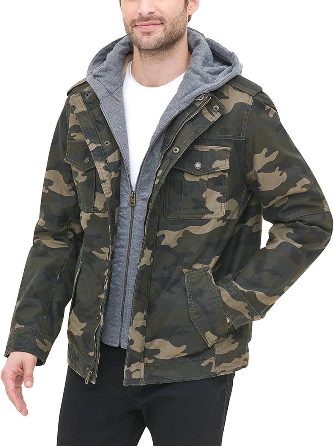 imageLevis Mens Washed Cotton Hooded Military Jacket Regular amp Big amp Tall SizesCamoSherpa Lined