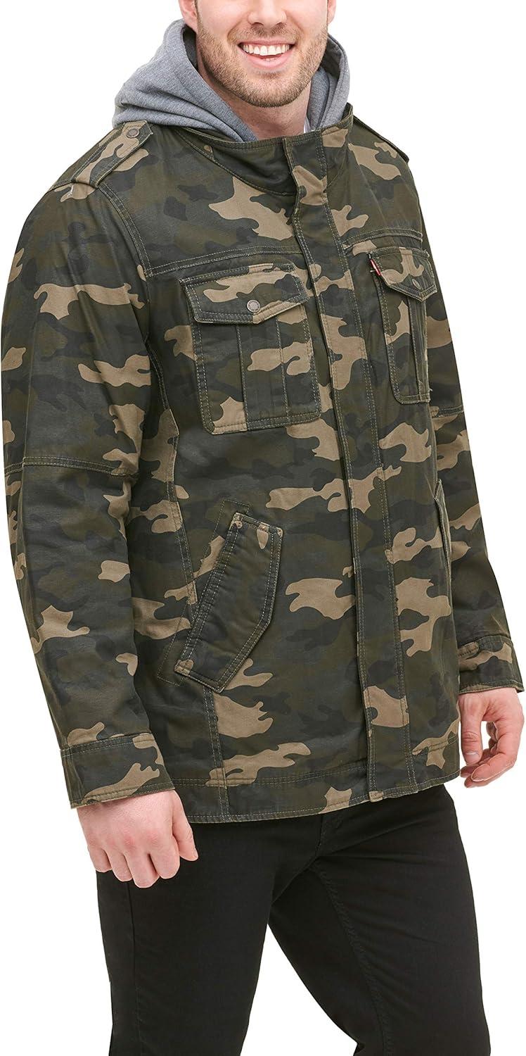 imageLevis Mens Washed Cotton Hooded Military Jacket Regular amp Big amp Tall SizesCamoSherpa Lined