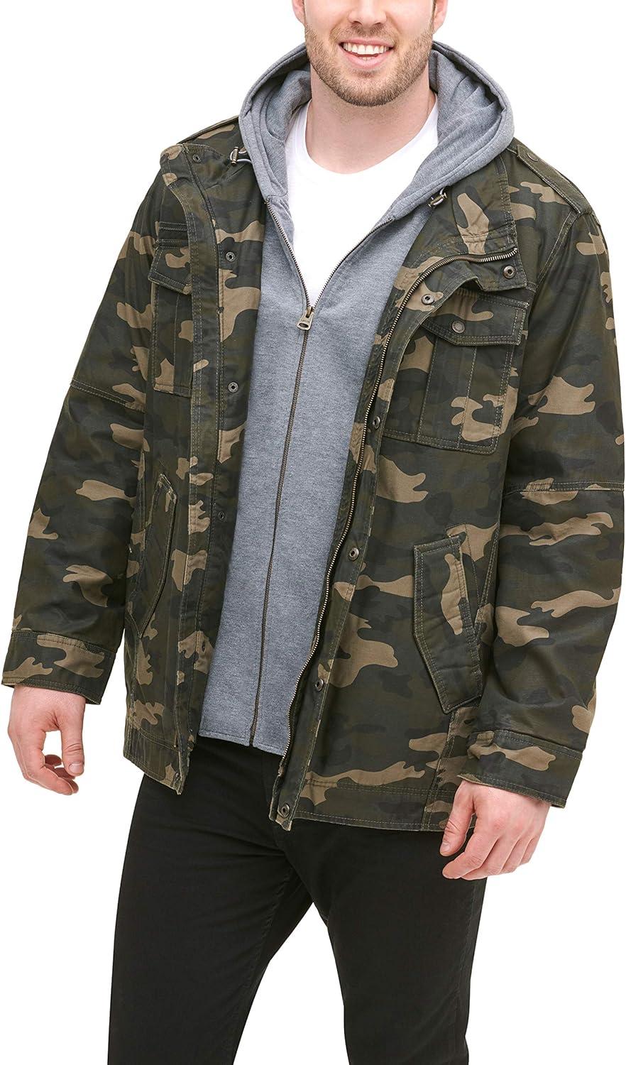imageLevis Mens Washed Cotton Hooded Military Jacket Regular amp Big amp Tall SizesCamoSherpa Lined