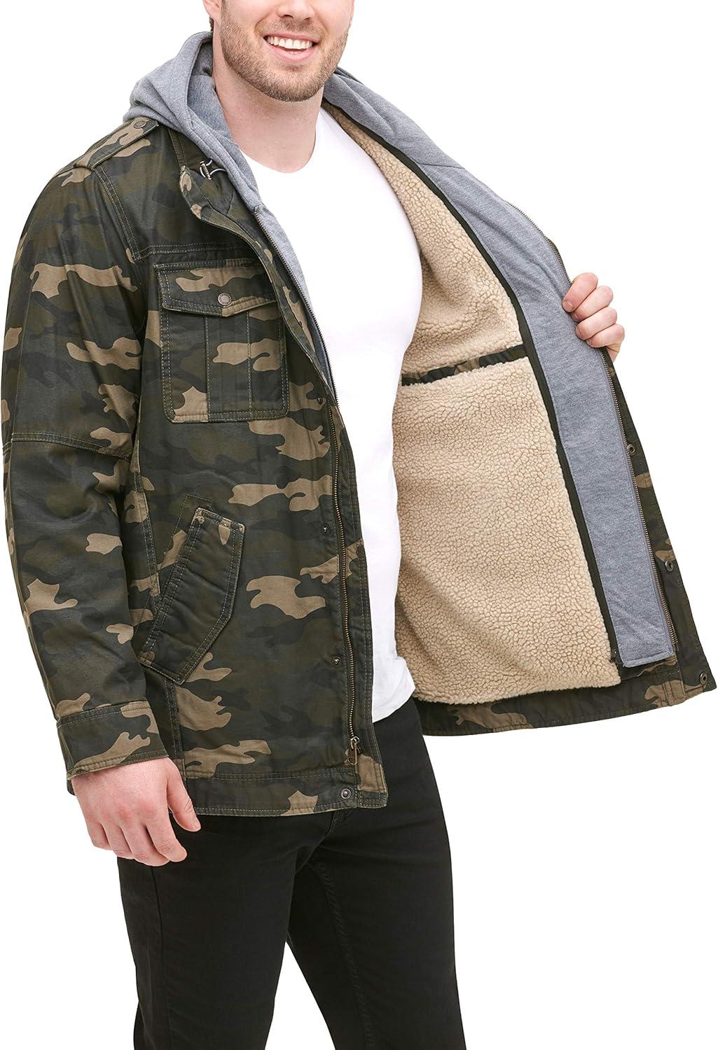 imageLevis Mens Washed Cotton Hooded Military Jacket Regular amp Big amp Tall SizesCamoSherpa Lined