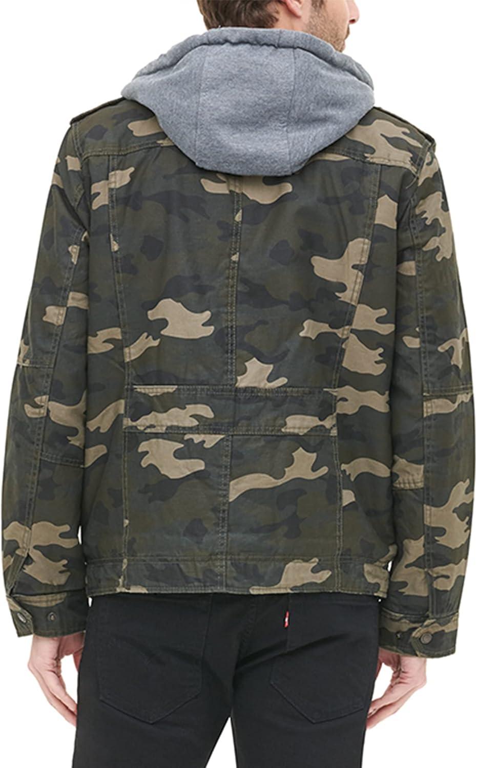 imageLevis Mens Washed Cotton Hooded Military Jacket Regular amp Big amp Tall SizesCamoSherpa Lined