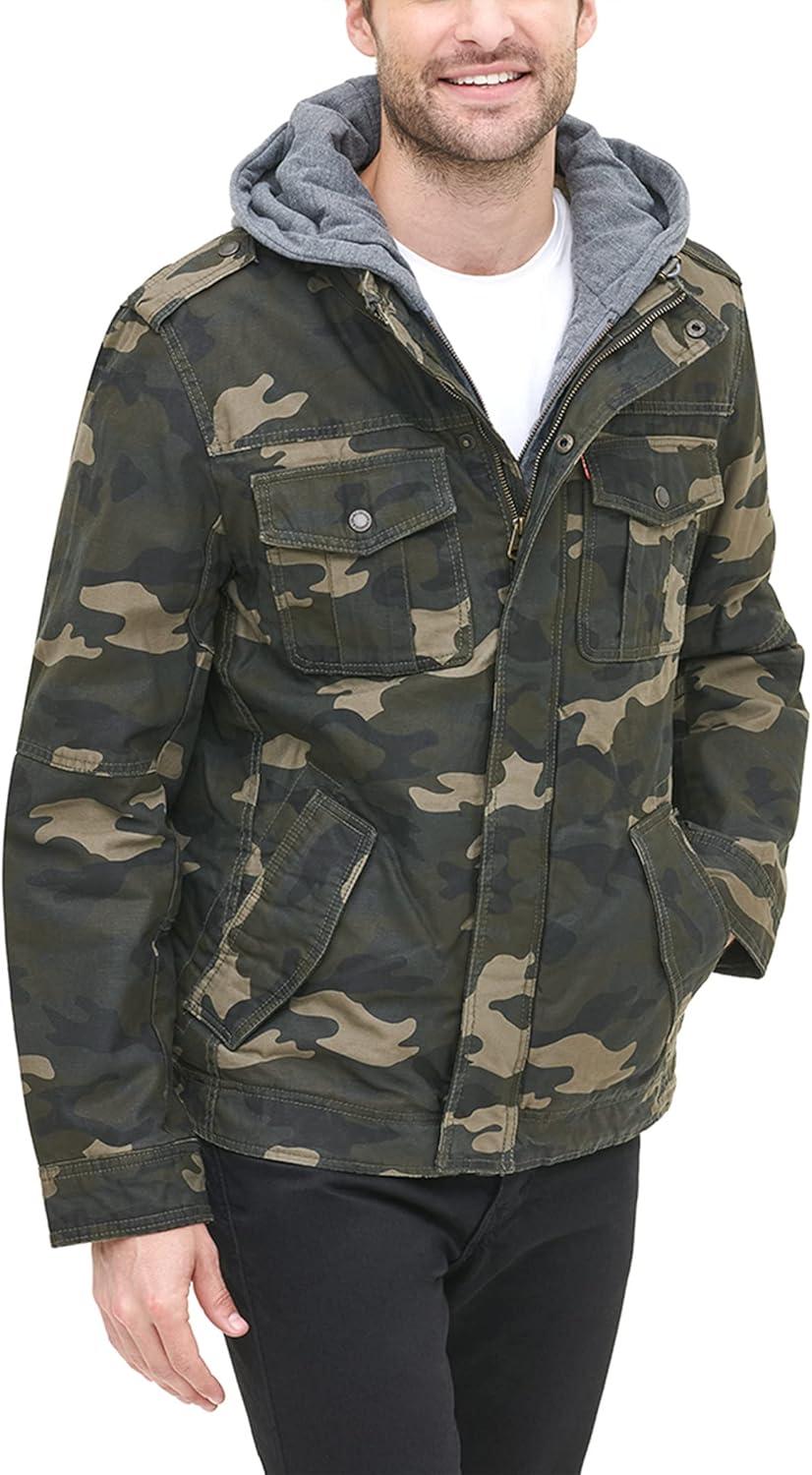 imageLevis Mens Washed Cotton Hooded Military Jacket Regular amp Big amp Tall SizesCamoSherpa Lined