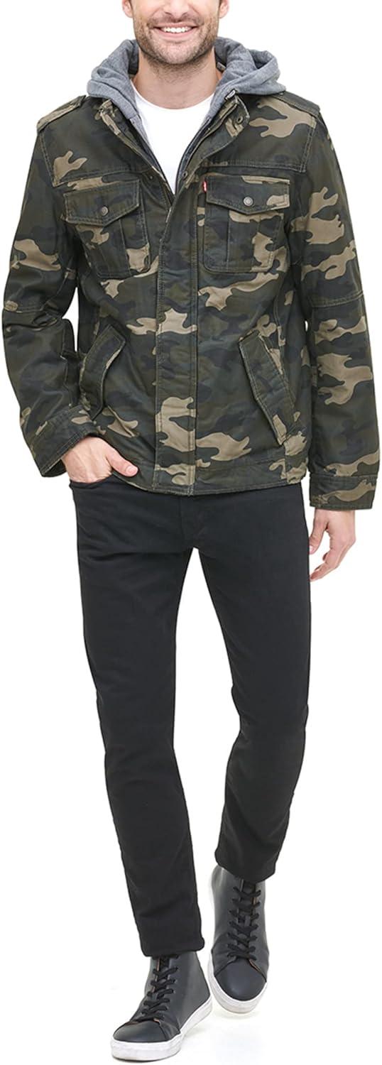 imageLevis Mens Washed Cotton Hooded Military Jacket Regular amp Big amp Tall SizesCamoSherpa Lined