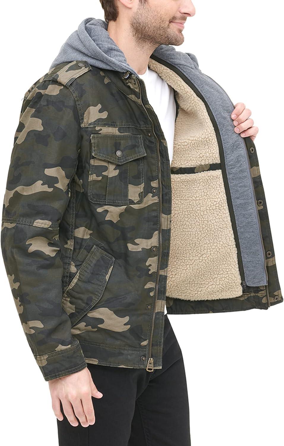 imageLevis Mens Washed Cotton Hooded Military Jacket Regular amp Big amp Tall SizesCamoSherpa Lined