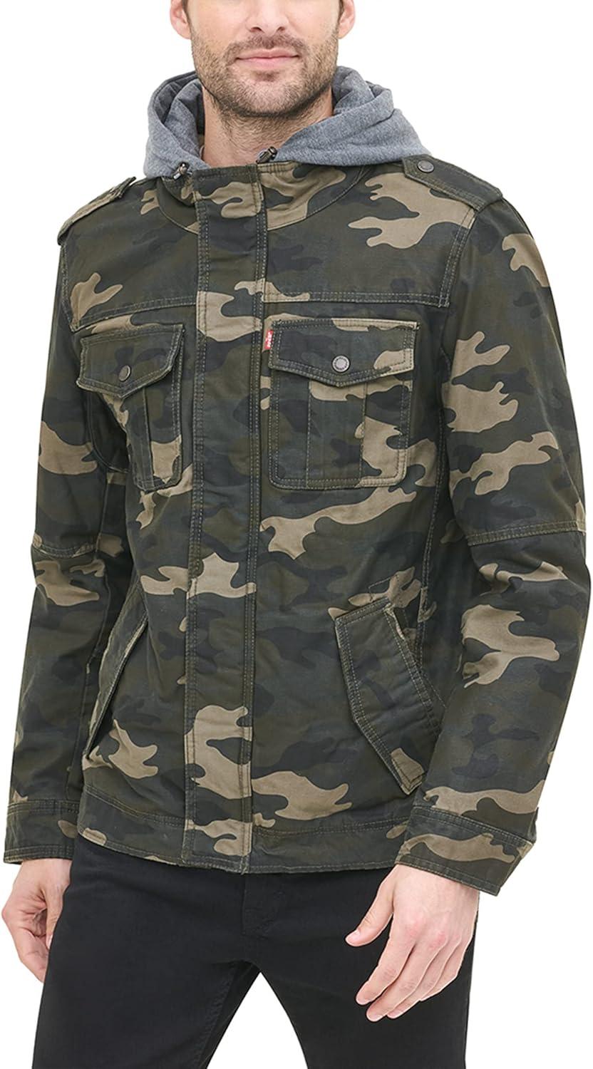 imageLevis Mens Washed Cotton Hooded Military Jacket Regular amp Big amp Tall SizesCamoSherpa Lined