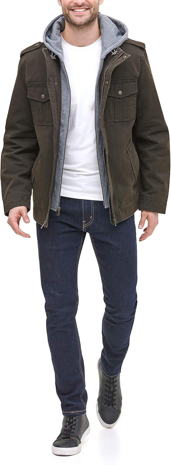 imageLevis Mens Washed Cotton Hooded Military Jacket Regular amp Big amp Tall SizesDark BrownQuilted Lining