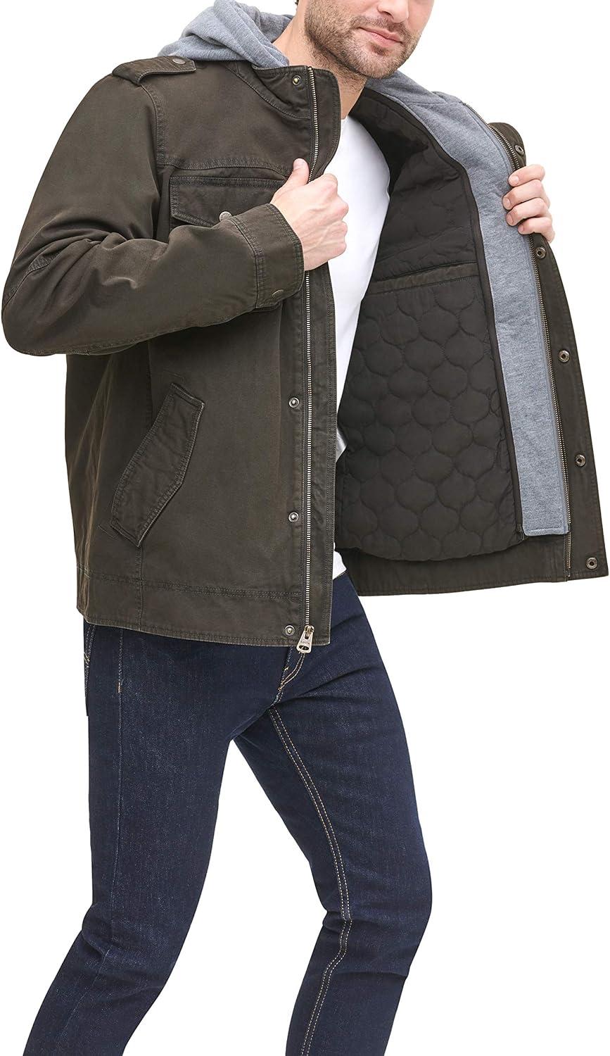 imageLevis Mens Washed Cotton Hooded Military Jacket Regular amp Big amp Tall SizesDark BrownQuilted Lining