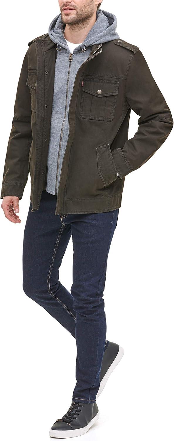 imageLevis Mens Washed Cotton Hooded Military Jacket Regular amp Big amp Tall SizesDark BrownQuilted Lining