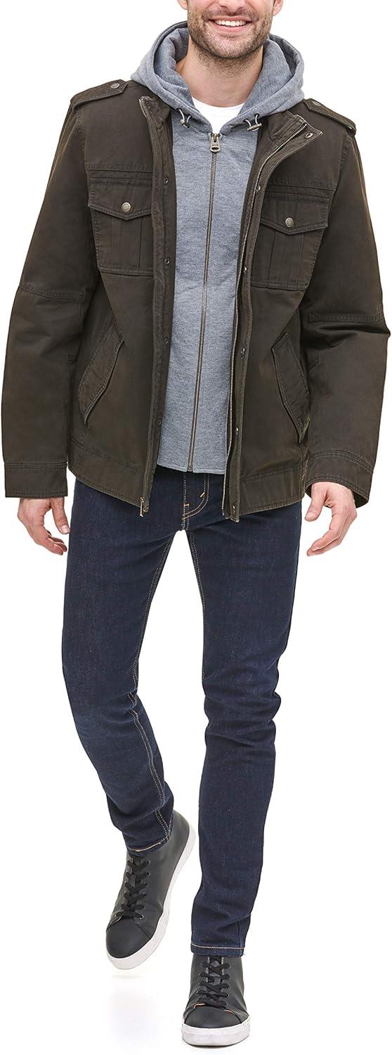 imageLevis Mens Washed Cotton Hooded Military Jacket Regular amp Big amp Tall SizesDark BrownQuilted Lining