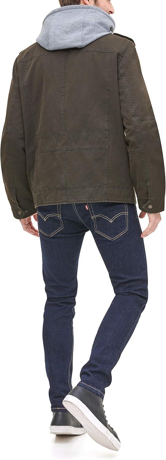 imageLevis Mens Washed Cotton Hooded Military Jacket Regular amp Big amp Tall SizesDark BrownQuilted Lining