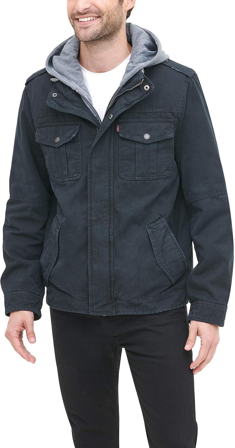imageLevis Mens Washed Cotton Hooded Military Jacket Regular amp Big amp Tall SizesNavyQuilted Lining