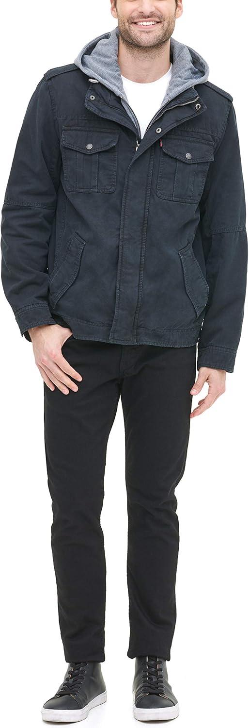 imageLevis Mens Washed Cotton Hooded Military Jacket Regular amp Big amp Tall SizesNavyQuilted Lining