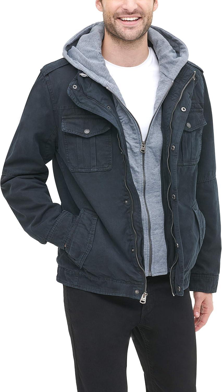 imageLevis Mens Washed Cotton Hooded Military Jacket Regular amp Big amp Tall SizesNavyQuilted Lining
