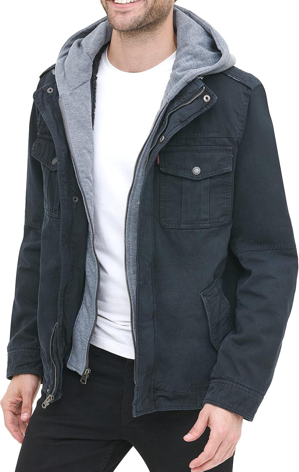 imageLevis Mens Washed Cotton Hooded Military Jacket Regular amp Big amp Tall SizesNavySherpa Lined