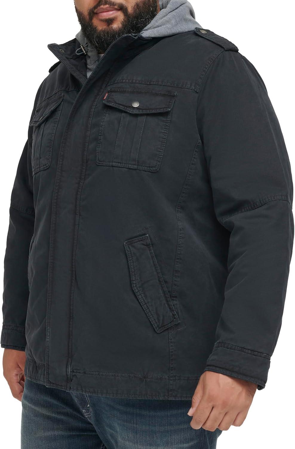 imageLevis Mens Washed Cotton Hooded Military Jacket Regular amp Big amp Tall SizesNavySherpa Lined