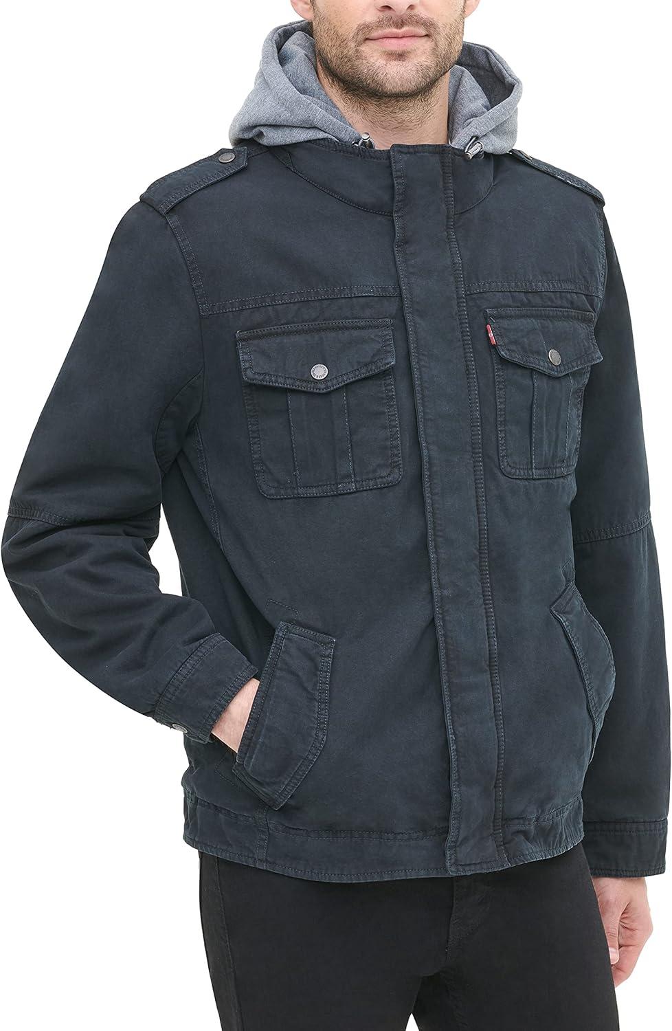 imageLevis Mens Washed Cotton Hooded Military Jacket Regular amp Big amp Tall SizesNavySherpa Lined