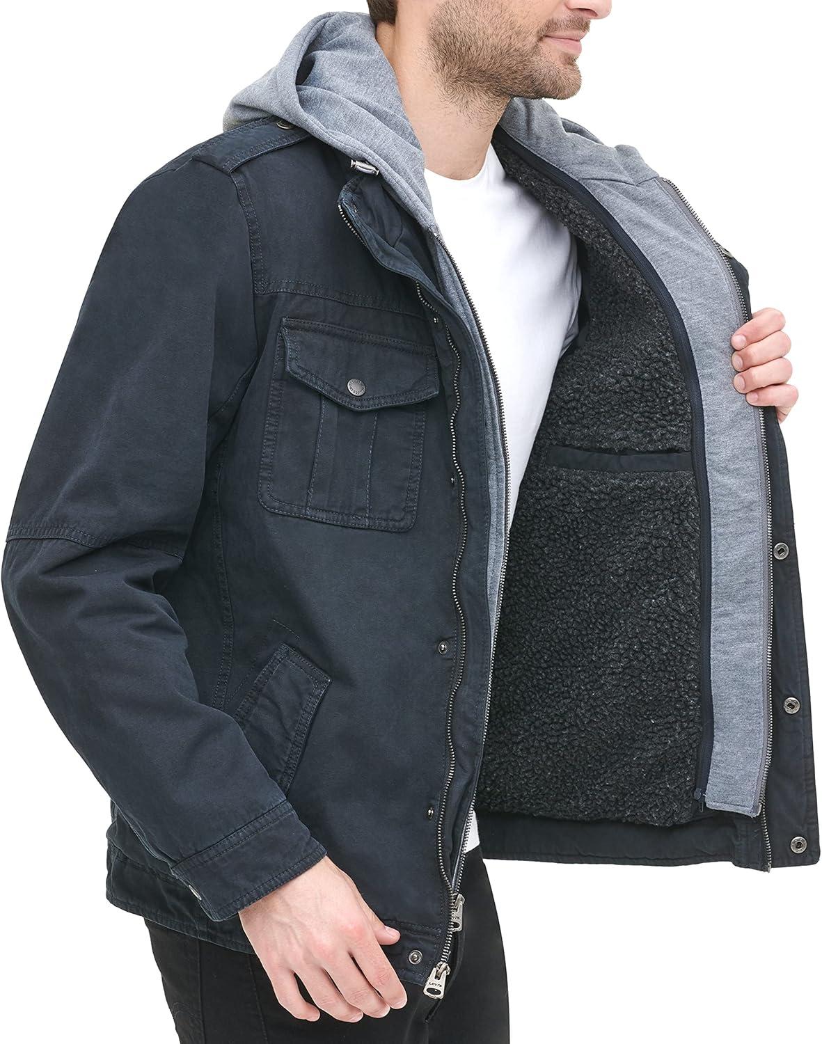 imageLevis Mens Washed Cotton Hooded Military Jacket Regular amp Big amp Tall SizesNavySherpa Lined