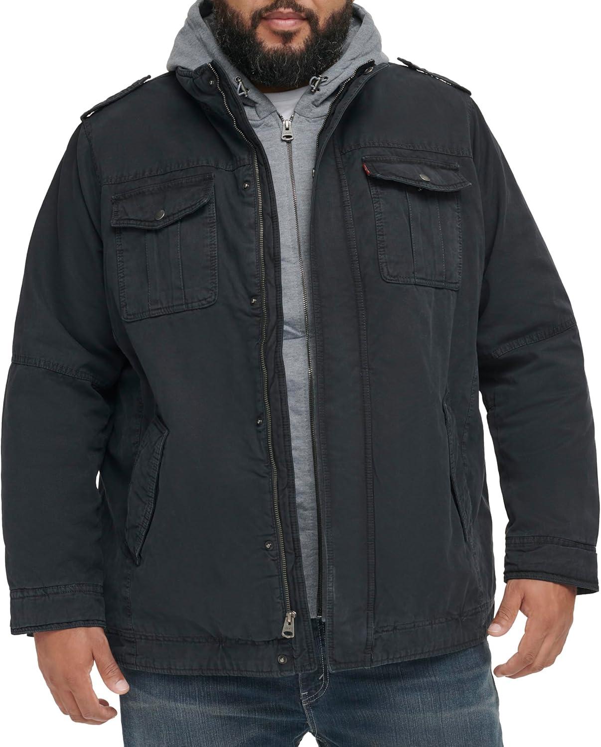 imageLevis Mens Washed Cotton Hooded Military Jacket Regular amp Big amp Tall SizesNavySherpa Lined