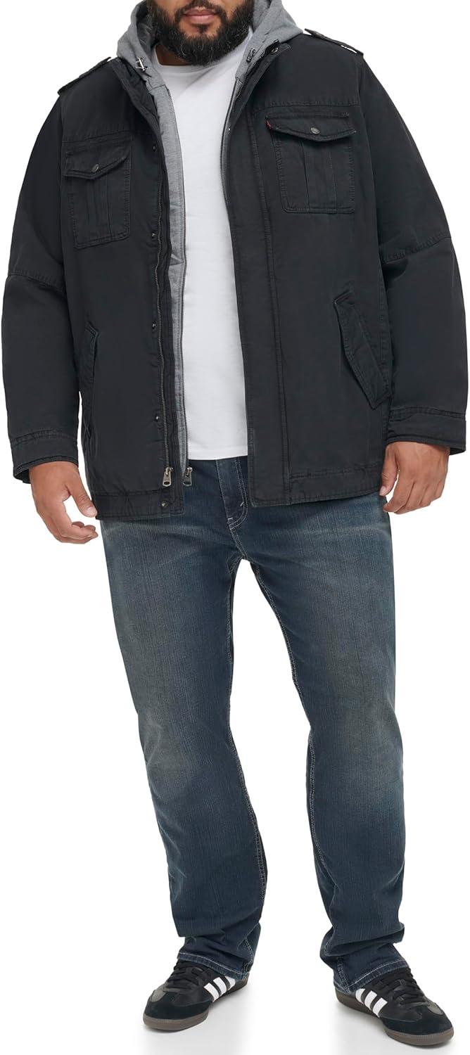 imageLevis Mens Washed Cotton Hooded Military Jacket Regular amp Big amp Tall SizesNavySherpa Lined