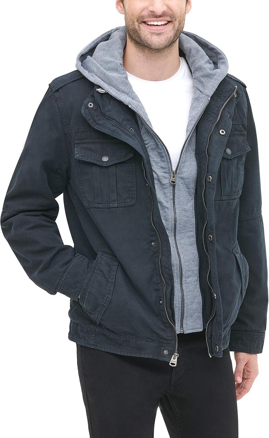 imageLevis Mens Washed Cotton Hooded Military Jacket Regular amp Big amp Tall SizesNavySherpa Lined