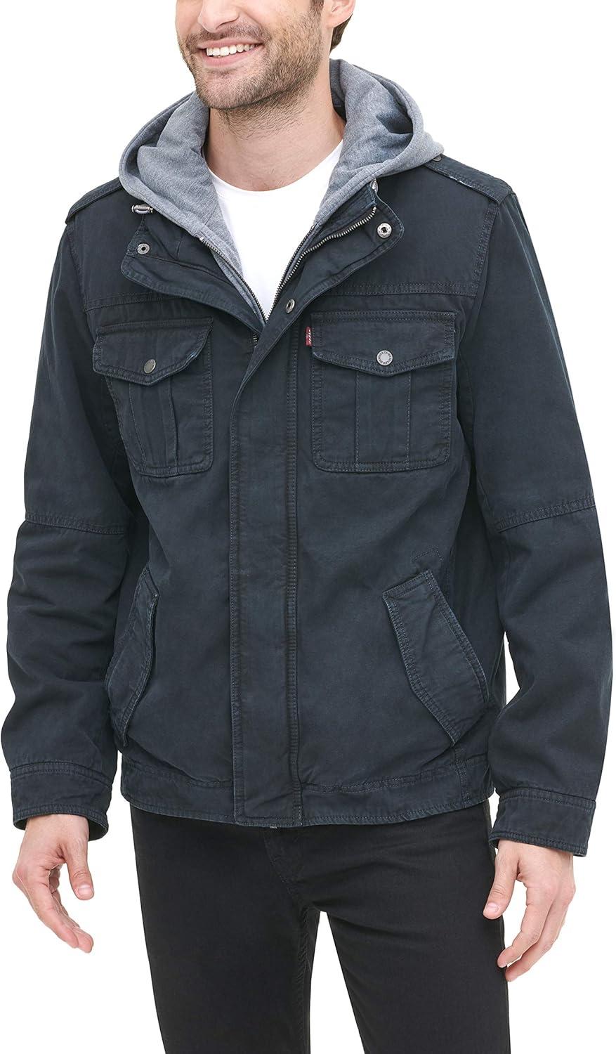imageLevis Mens Washed Cotton Hooded Military Jacket Regular amp Big amp Tall SizesNavySherpa Lined