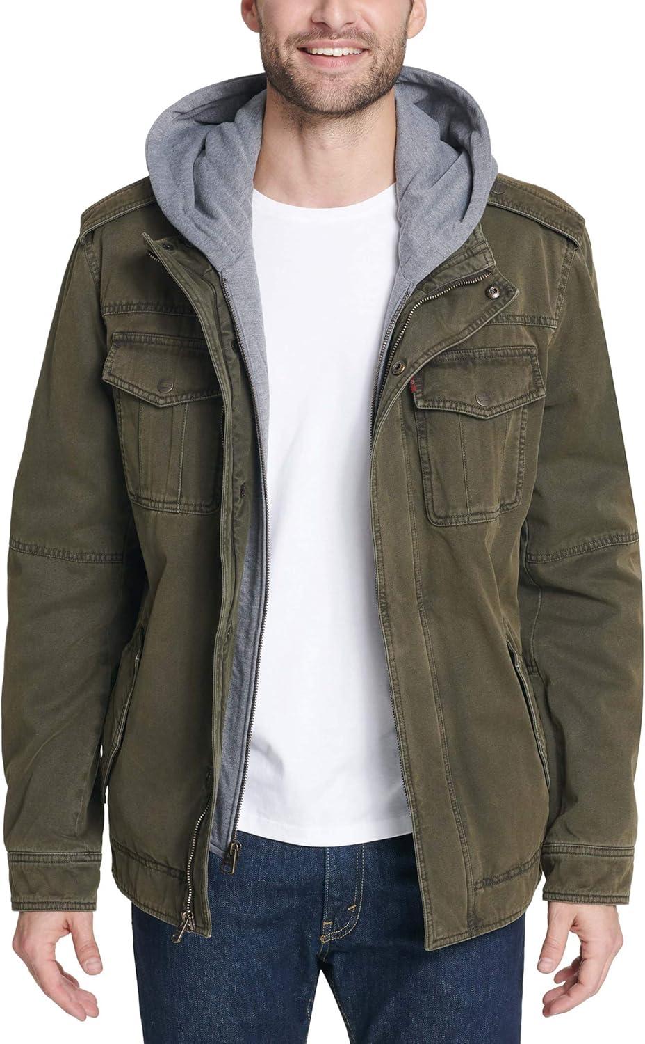 imageLevis Mens Washed Cotton Hooded Military Jacket Regular amp Big amp Tall SizesOliveQuilted Lining