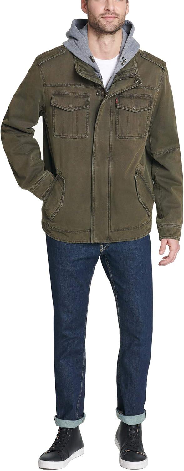 imageLevis Mens Washed Cotton Hooded Military Jacket Regular amp Big amp Tall SizesOliveQuilted Lining