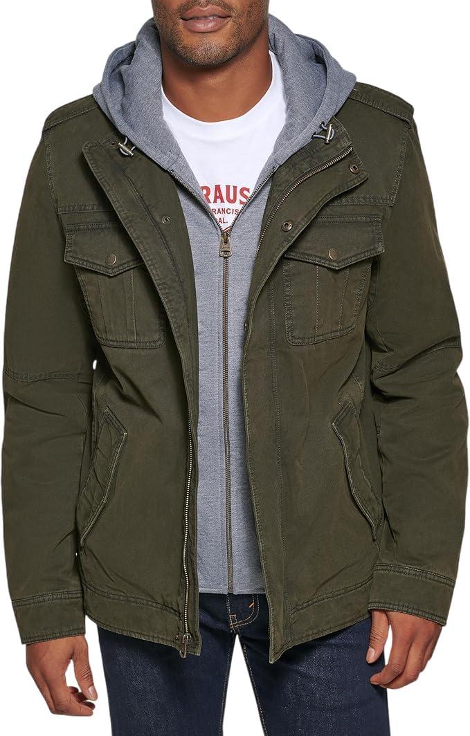 imageLevis Mens Washed Cotton Hooded Military Jacket Regular amp Big amp Tall SizesOliveSherpa Lined