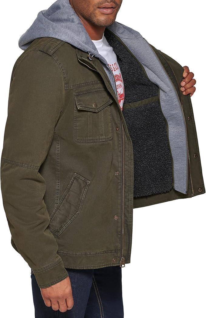 imageLevis Mens Washed Cotton Hooded Military Jacket Regular amp Big amp Tall SizesOliveSherpa Lined