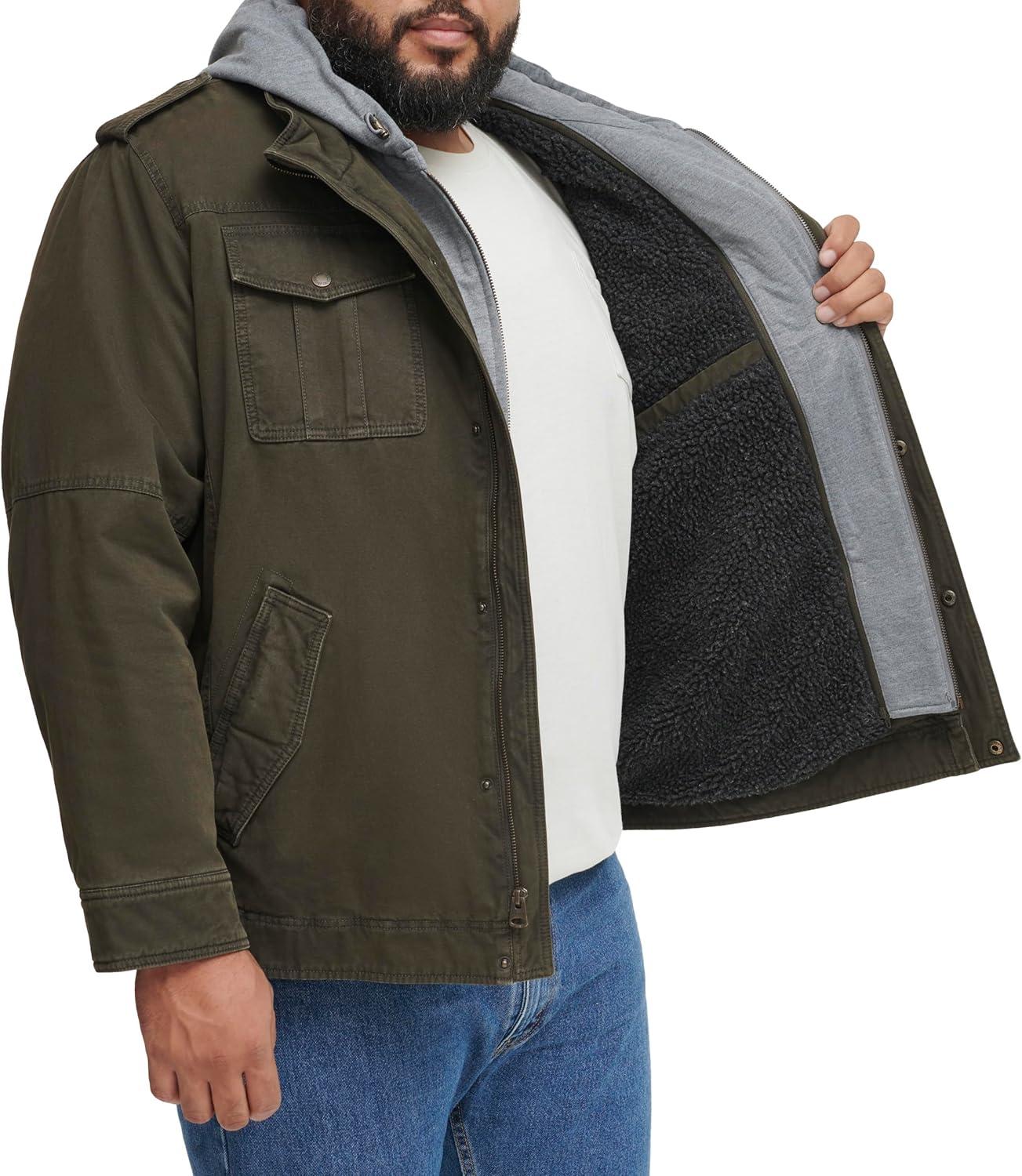 imageLevis Mens Washed Cotton Hooded Military Jacket Regular amp Big amp Tall SizesOliveSherpa Lined