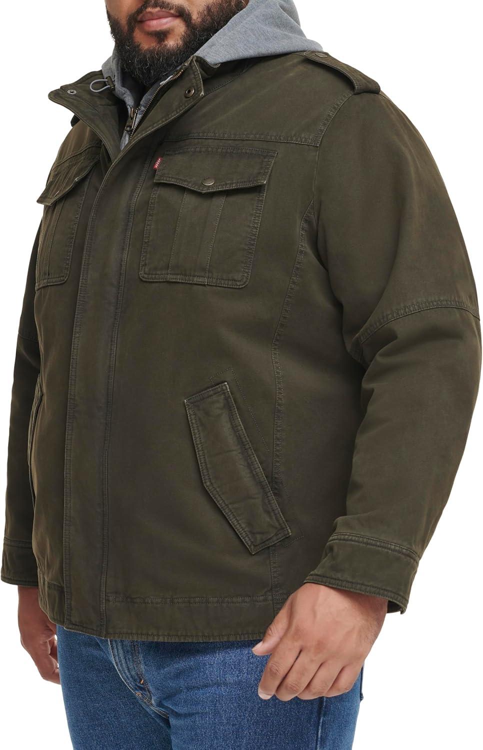 imageLevis Mens Washed Cotton Hooded Military Jacket Regular amp Big amp Tall SizesOliveSherpa Lined