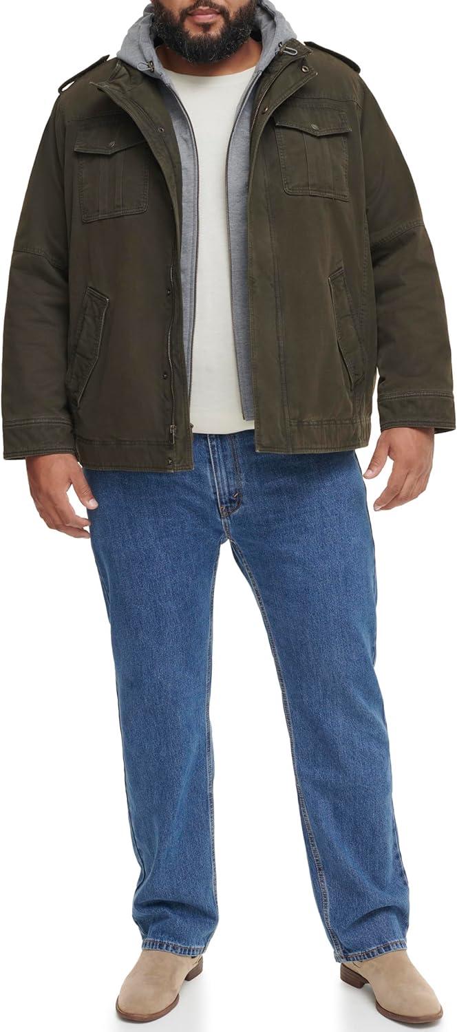 imageLevis Mens Washed Cotton Hooded Military Jacket Regular amp Big amp Tall SizesOliveSherpa Lined
