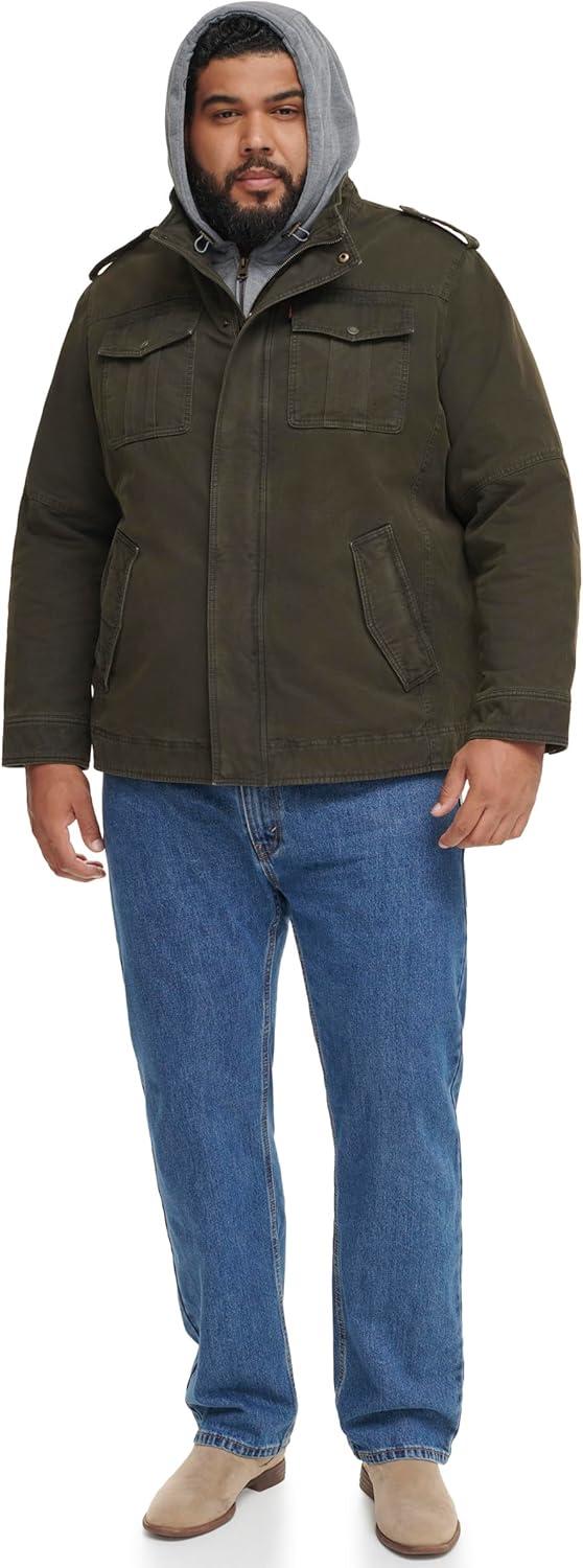 imageLevis Mens Washed Cotton Hooded Military Jacket Regular amp Big amp Tall SizesOliveSherpa Lined
