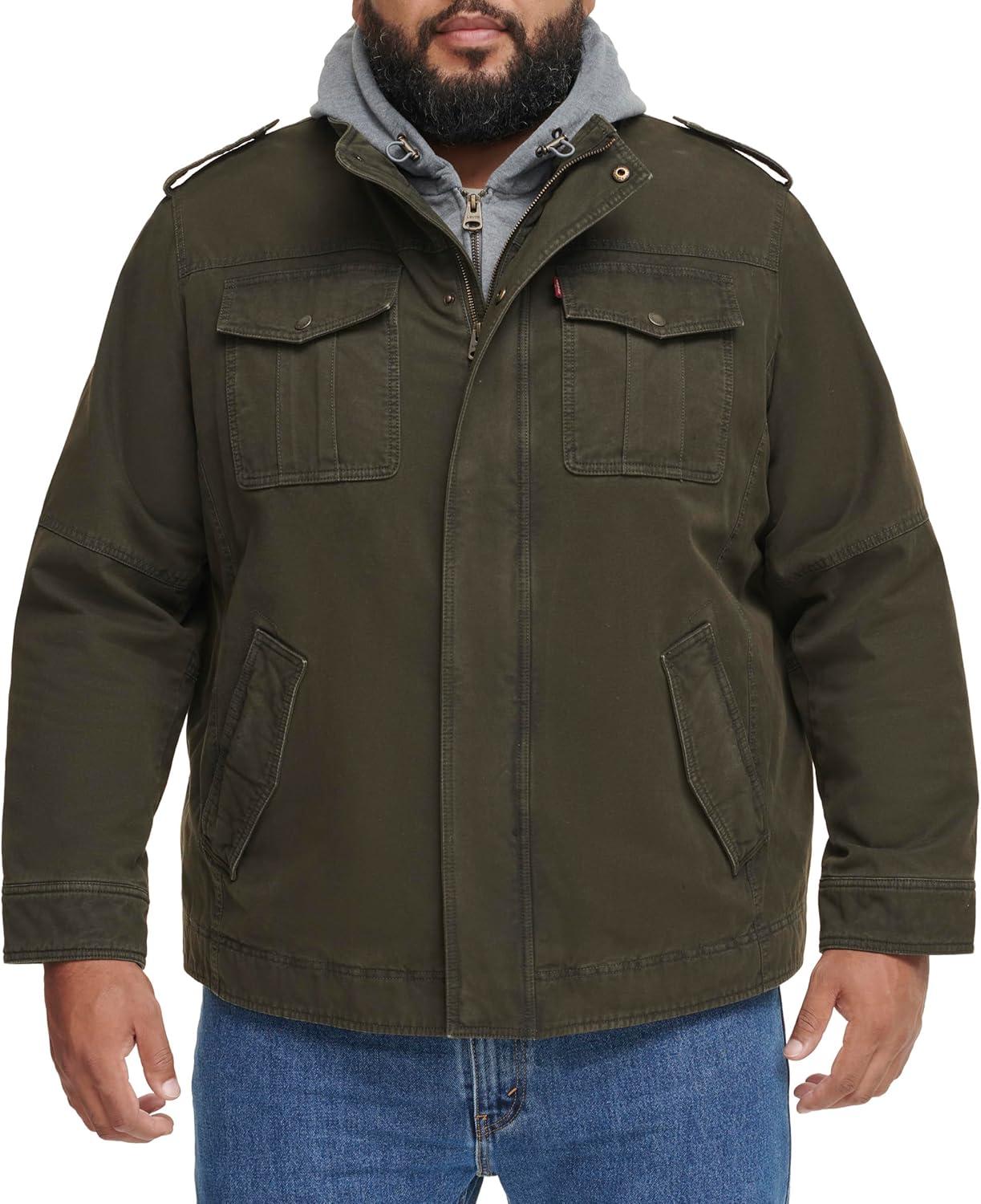 imageLevis Mens Washed Cotton Hooded Military Jacket Regular amp Big amp Tall SizesOliveSherpa Lined