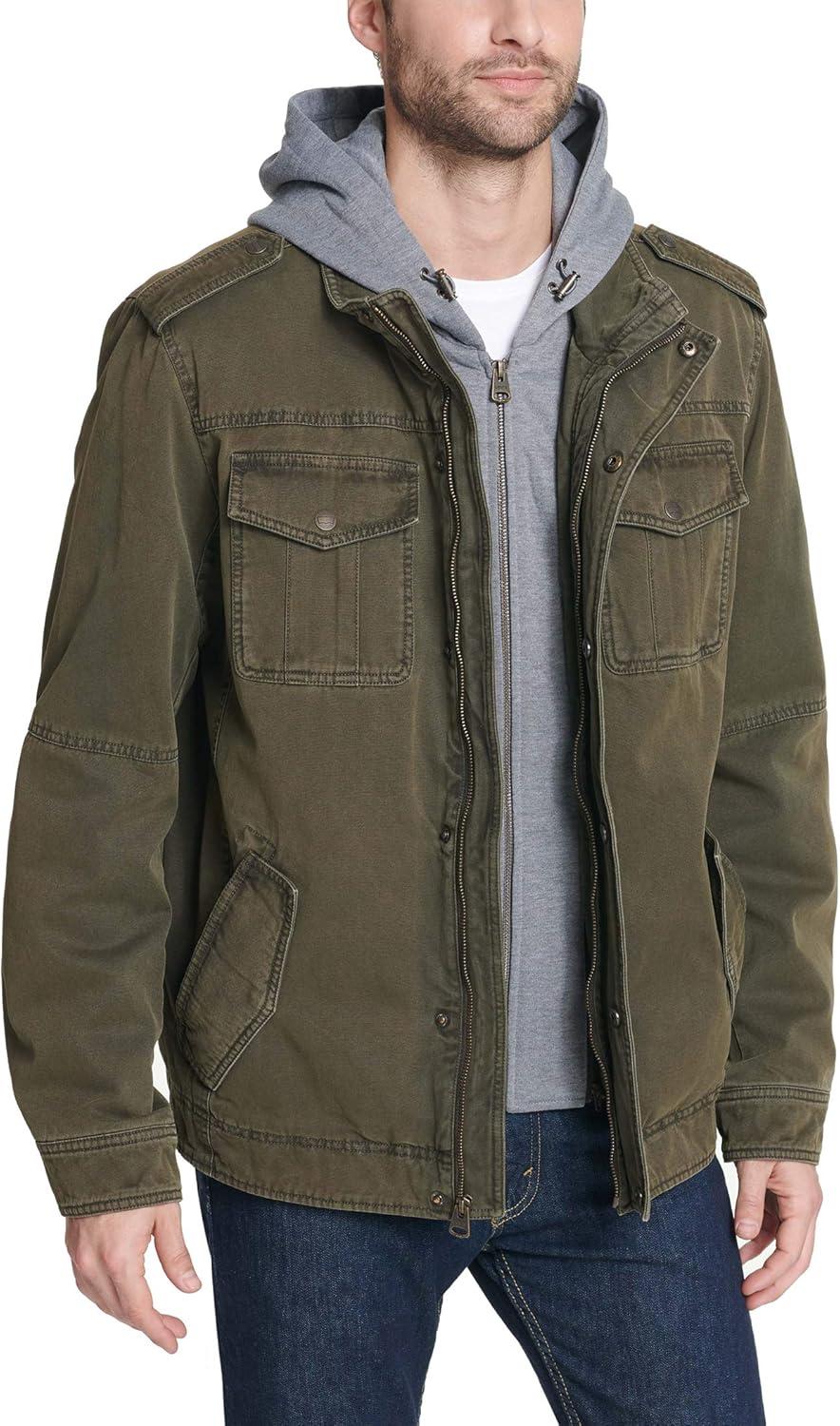 imageLevis Mens Washed Cotton Hooded Military Jacket Regular amp Big amp Tall SizesOliveSherpa Lined