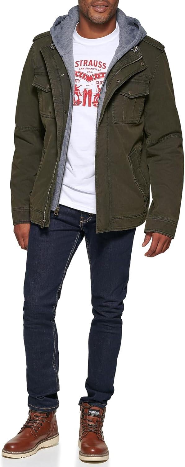 imageLevis Mens Washed Cotton Hooded Military Jacket Regular amp Big amp Tall SizesOliveSherpa Lined