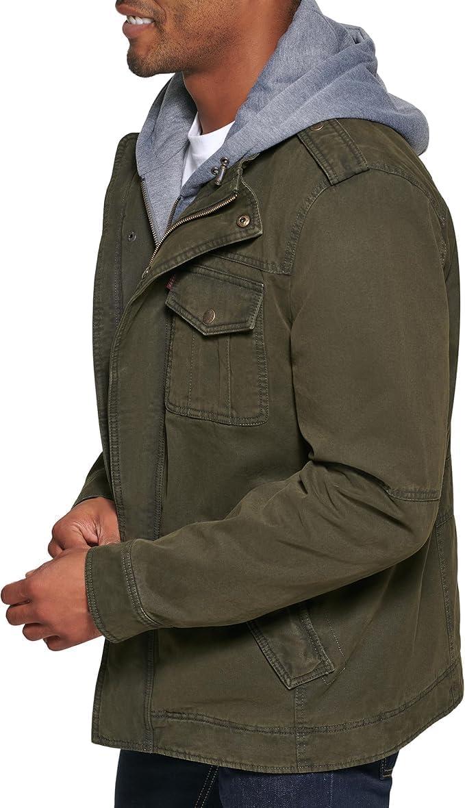 imageLevis Mens Washed Cotton Hooded Military Jacket Regular amp Big amp Tall SizesOliveSherpa Lined