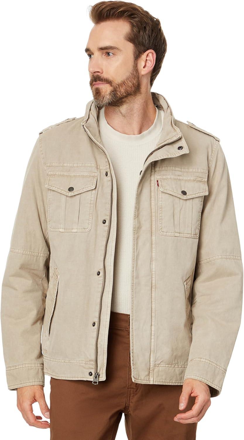 imageLevis Mens Washed Cotton Hooded Military Jacket Regular amp Big amp Tall SizesStoneSherpa Lined