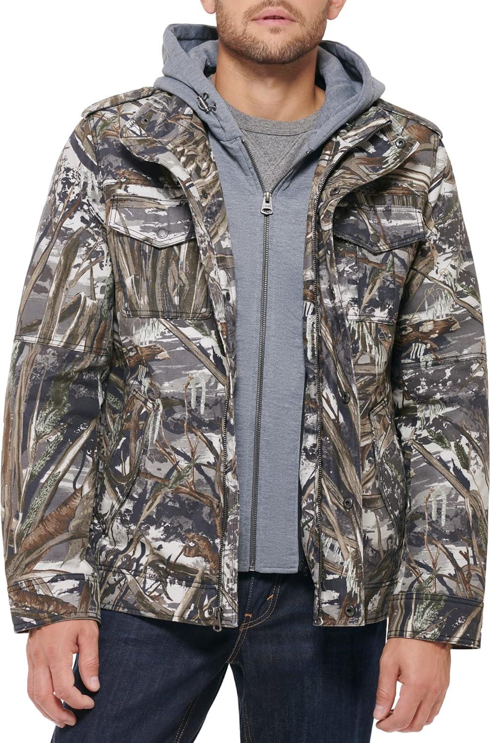 imageLevis Mens Washed Cotton Hooded Military Jacket Regular amp Big amp Tall SizesTrue TreeSherpa Lined