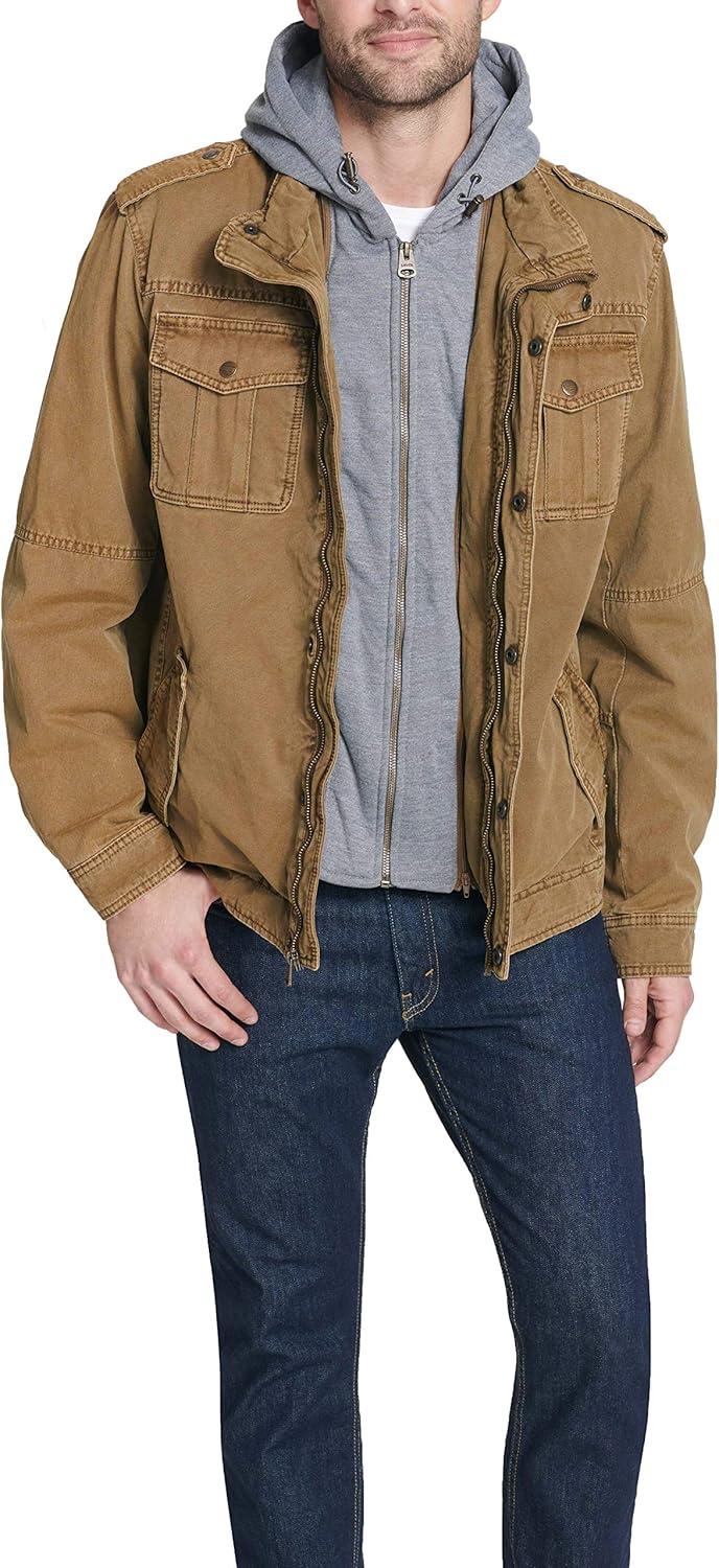 imageLevis Mens Washed Cotton Hooded Military Jacket Regular amp Big amp Tall SizesWorker BrownQuilted Lining